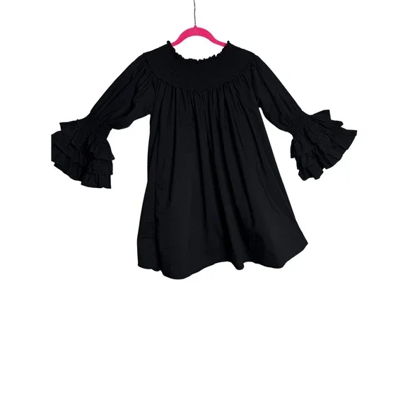 Blanc Studio Babydoll Dress Womens Black Smocked Tiered Ruffle Sleeve Mini - Picture 2 of 13